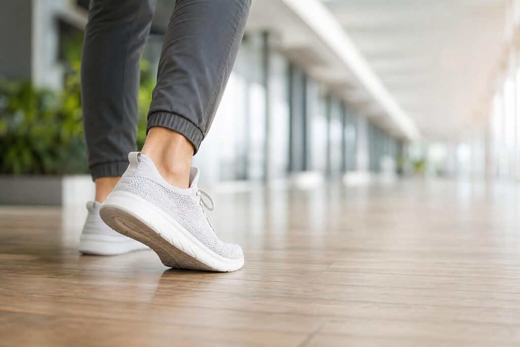 Adult walking in supportive shoes as body weight moves through the arch of the foot
