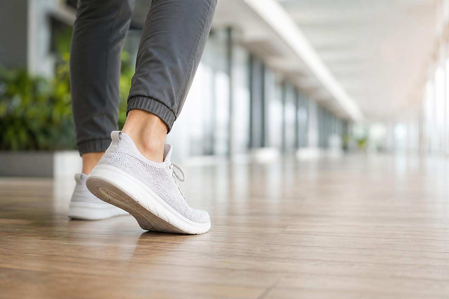 Adult walking in supportive shoes as body weight moves through the arch of the foot