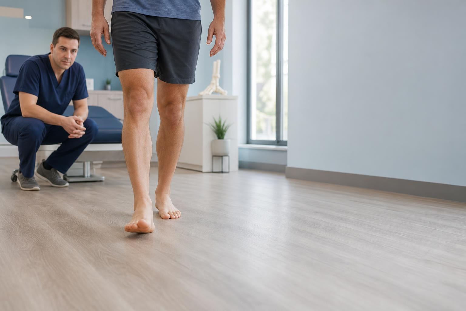 Podiatrist observing a patient’s feet and ankles while the patient walks during an examination.