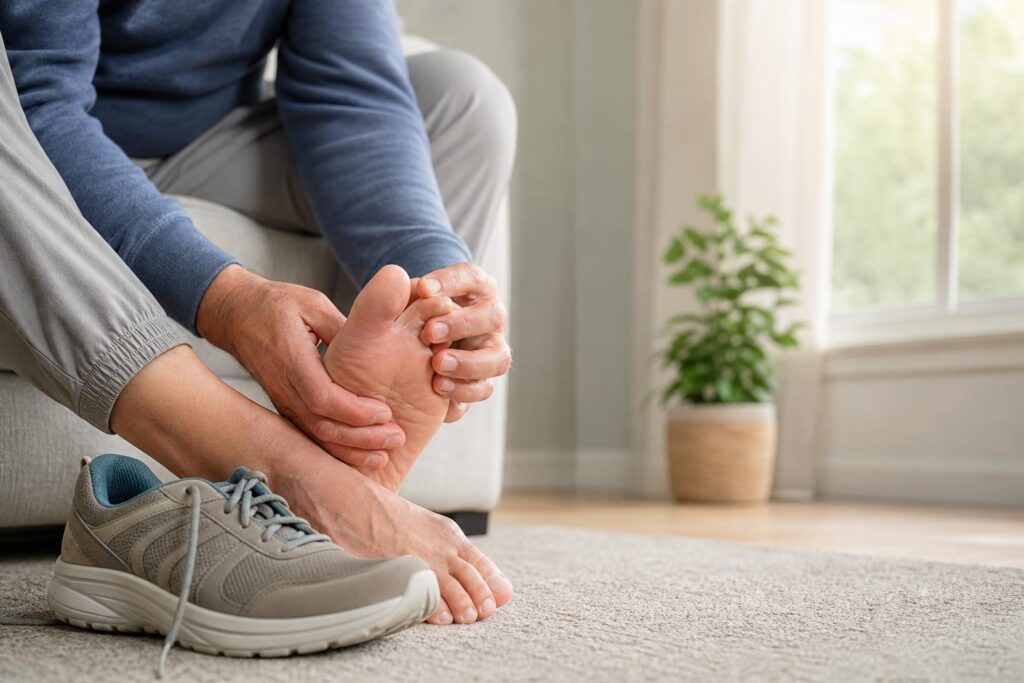 Adult gently examining a stiff hammertoe with a roomy shoe nearby